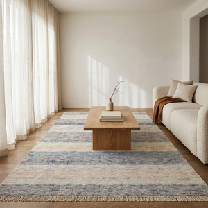 Tapis rayé en laine tufté à la main bleu beige Coastal Strata, moderne, texturé, antidérapant, écologique, pour salon et hôtel - Product Image 4