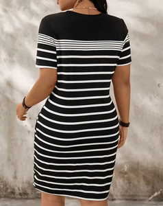 Plus Size Women's Striped Crew Neck Short Sleeve Knitted 100% Cotton Eco-Friendly Dress Casual Style Black White Pattern Regular - Product Image 3