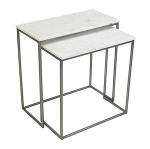 Set of 2 Silver Round <b>Nesting</b> <b>Tables</b> with Extendable Design Modern Metal Living Room Furniture Marble Top METAL WAVE Model 11035 - Product Image 4