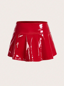 Jupe mini plissée rouge en PU taille haute pour femme, coupe trapèze brillante, couleur unie, toutes saisons - Product Image 1