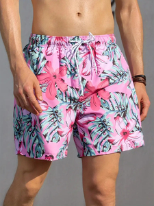 Shorts de bain pour hommes à imprimé feuilles tropicales, séchage rapide, taille élastique avec cordon de serrage, shorts de plage d'été, logo personnalisé OEM - Product Image 2