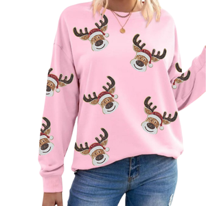 OEM 2026 Pink <b>Christmas</b> Glitter Print Crew Neck <b>Sweatshirt</b> <b>Women</b> Plus Size Casual Long Sleeve Knitted Top Winter Outwear - Product Image 4