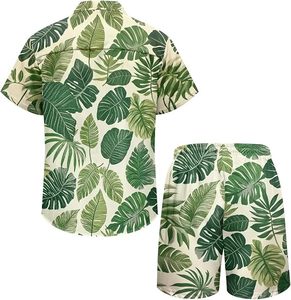 Ensemble de vêtements décontractés pour couples, sur mesure, fabriqués en usine OEM, pour les vacances d'été, imprimé feuilles de palmier vertes, chemise hawaïenne à boutons pour homme, ensemble pour femme - Product Image 3