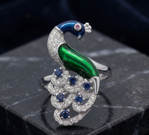Bague vintage en argent sterling 925 avec zircon cubique bleu et rouge naturel en forme de paon et sertissage émaillé – Cadeau d'anniversaire - Product Image 5