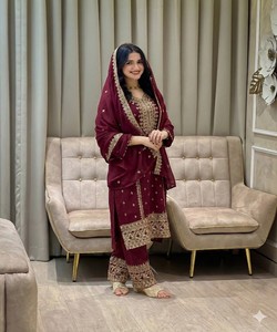 Low Price Premium Fancy Ethnic Wear Kurti Sharara Dupatta <b>Set</b> Dubai Style Party Wear Quick Dry Maroon 81038 AC-7084 7094 - Product Image 1