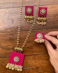 Handcrafted Magenta Fabric Kundan Jewelry Set Long Pearl Chain Pendant Earrings <b>Ring</b> Ethnic Fashion Beaded <b>Necklaces</b> - Product Image 1