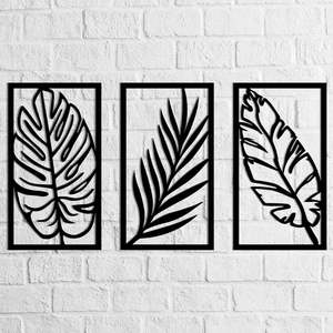 Ensemble de 3 décorations murales en métal faites à la main en forme de feuilles avec cadres noirs pour le salon, l'hôtel, la chambre à coucher, décoration murale intérieure - Product Image 1
