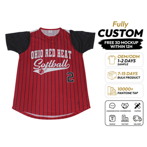 Maillot de softball personnalisé à sublimation, 2 boutons, 100 % polyester, antibactérien, col en V, coupe ample, unisexe, rouge et noir à fines rayures - Product Image 1