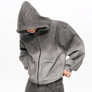 Sudadera con capucha y cremallera Glory para hombre, de algodón 100%, estilo urbano, con efecto desgastado y rotos, color rosa, con pedrería - Product Image 2