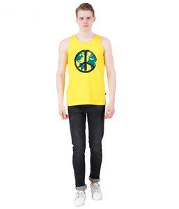 Débardeur jaune sans manches pour homme avec imprimé symbole de la paix terrestre, col rond, style décontracté, 100 % coton respirant, logo frontal - Product Image 1