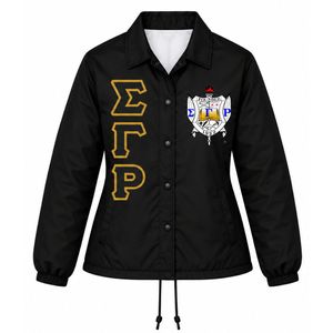<b>Black</b> Custom Greek Letter Coach Jacket with Embroidery Crest Logo Snap Button Front Long Sleeve <b>Windbreaker</b> for College Teams - Product Image 1