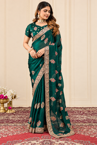 Vexotrend India Pakistan Premium <b>Velvet</b> Satin Traditional <b>Saree</b> for Women Embroidery Swarovski Wrinkle-Free Quick-Dry Wedding - Product Image 2