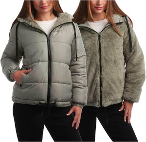 Veste d'hiver matelassée réversible à double boutonnage pour femme, avec capuche, en polyester, chaude et isolante contre le froid - Product Image 3