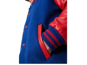 Blousons universitaires en cuir bleu et rouge, respirants, avec broderie et patchs, logo personnalisé, manches longues, style preppy, vente en gros - Product Image 5