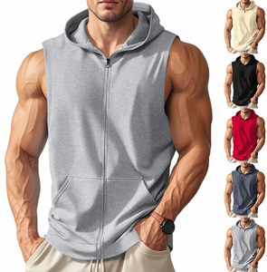 Zipper-Up <b>Sleeveless</b> Winter Outdoor Sports <b>Hoodie</b>-100% Cotton Plain Dyed - Product Image 6