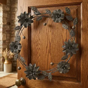 Corona Floral Rústica de Metal, Flores de Hierro Envejecido Marrón Vintage, Decoración Festiva Elegante y Minimalista para Puerta Principal de Otoño - Product Image 5
