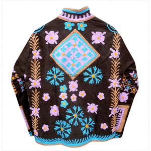 Soft Breathable Embroidered Cotton Corduroy <b>Jacket</b> Floral Pattern Mandarin Collar Full Sleeve Eco-Friendly Autumn Women's Coat - Product Image 6