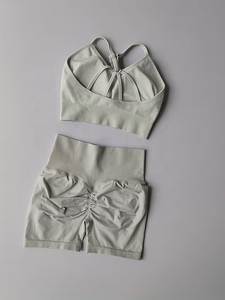 Women's 2 Piece Sports <b>Set</b> Solid Color V Neck Crop Top High Waist Shorts Seamless <b>Knitted</b> Breathable Workout Wear All Seasons - Product Image 3