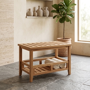 Tabouret en teck léger fait main Ananta 68x42x45 cm, design à lattes, rustique et moderne, portable, pour salle de bain et salon - Product Image 4