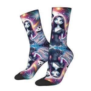 Chaussettes de sport Jack Skellington et Sally, imprimées par transfert thermique, respirantes, en polyester/nylon, séchage rapide, épaisseur standard pour adulte - Product Image 1