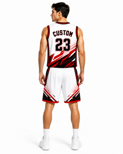 Camiseta y pantalones cortos de baloncesto Trendy Squad con gráficos abstractos de trazos de pincel en rojo, negro y blanco, perfectos para ropa deportiva de equipo - Product Image 3