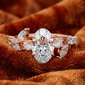 Classic 14K Rose Gold Oval Cut Diamond Bridal <b>Ring</b> with Leaf Style Accent Stones and <b>Open</b> Band Design for Women - Product Image 1