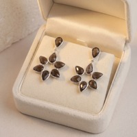 Boucles d'oreilles pendantes Fleur en Quartz Fumé Plaqué Or Argent Sterling 925 Pierre Facettée Bijou Artisanal Spectaculaire Cadeau pour Elle