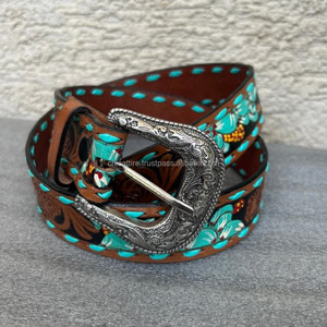 Cinturón floral turquesa para niñas de cuero mecanizado a mano de nueva moda occidental cinturón de hebilla de aleación pintado a mano de cuero genuino personalizado - Product Image 4