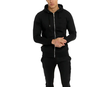 Conjunto Deportivo Negro con Capucha para Hombre, Sudadera con Cierre Completo y Pantalones Jogger, Color Sólido Informal, Transpirable, de Poliéster, para Otoño - Product Image 1
