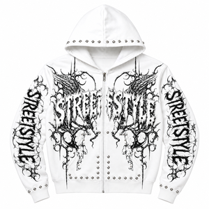Custom White Studded Hoodie <b>Gothic</b> Angel Wing Thorn Print Blackletter Star Zip Up Oversized Streetwear <b>Jacket</b> Wholesale Supplier - Product Image 1