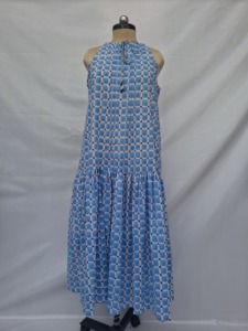 Blue Plaid Sleeveless Halter Lace-<b>Up</b> Maxi <b>Dress</b> Pleated Breathable 100% Cotton Woven Formal Style Natural Waist A-Line <b>Adults</b> - Product Image 1