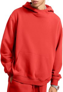 เสื้อสเวตเชิ้ตผู้ชายสีแดงมีฮู้ด ผ้าฟลีซ ทรงโอเวอร์ไซส์ สไตล์ลำลอง สีพื้น มีกระเป๋า ดีไซน์สำหรับใส่ในฤดูใบไม้ร่วง แขนเสื้อแบบปกติ - Product Image 2