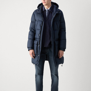 <b>Men's</b> <b>Long</b> Hooded Cotton Filled <b>Puffer</b> Jacket Windproof Thick Stand Collar Zipper Winter <b>Coat</b> Camouflage Pattern Front Navy Blue - Product Image 1