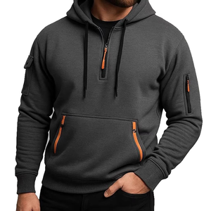 Sweat-shirt à capuche gris foncé pour homme avec fermetures éclair et poches orange, coupe classique, style décontracté, vêtement d'automne - Product Image 1