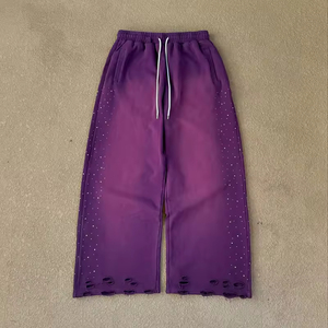 Pantalon de jogging unisexe en molleton de coton, coupe large, délavé à l'acide, style baggy évasé, avec strass, effet soleil éclairé, en toile, pour homme - Product Image 1