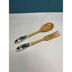 Wood <b>Salad</b> Servers Set With Floral Ceramic Handles Dishwasher Safe Eco-Friendly <b>Salad</b> <b>Tools</b> - Product Image 2