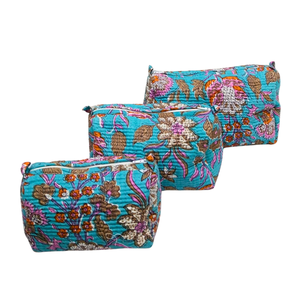 Chic Block Print Floral Cosmetic Bag-Pochette durable bleue et orange - Product Image 3
