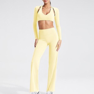 Pink 2 Piece Yoga Set V Neck <b>Crop</b> <b>Top</b> Full Length High Waist Leggings Seamless Breathable Spandex Polyester - Product Image 6