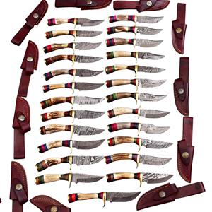 มีดทำมือเหล็กดามัสกัสแบบขายส่ง ใบมีดแบบดรอปพอยต์อเนกประสงค์ สำหรับตั้งแคมป์ ล่าสัตว์ กู้ภัย ด้ามเขาสัตว์ - Product Image 1