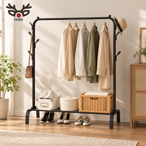 Moderno tendedero de ropa de acero inoxidable negro con un solo poste y organizador de ropa con estante para zapatos para sala de estar - Product Image 1