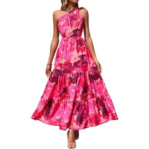 Floral Print Chiffon Maxi <b>Dress</b> One-Shoulder A-Line Casual Summer Leisure High Waist Slim Fit Pink Pleated - Product Image 3