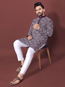 <b>Men's</b> Grey Printed Cotton <b>Kurta</b> Regular Fit Traditional Casual Wear India Pakistan Style All Seasons - Product Image 3