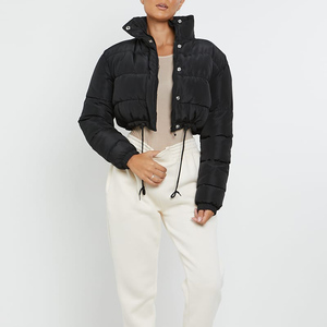 Women's Black Quilted Puffer <b>Jacket</b> Stand Collar Full <b>Sleeve</b> Winter <b>Short</b> Length Button Closure Thick Polyester Wadding <b>Jacket</b> - Product Image 1