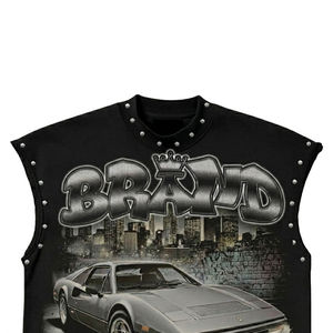 Custom <b>Mens</b> Graphic Sleeveless T Shirt Studded Streetwear <b>Muscle</b> Tee Vintage Car Print Oversized Tank <b>Top</b> OEM Manufacturer - Product Image 3