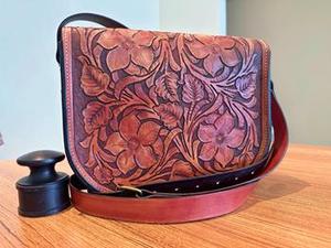 Vintage Lady Hand <b>Tooled</b> Floral Carved Half Flap Border Stitched 100% Genuine <b>Leather</b> Brown Color Crossbody Shoulder Sling Purse - Product Image 2