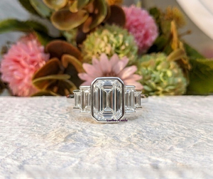Lurba Jewels 925 <b>Silver</b> <b>Emerald</b> Cut Diamond Engagement <b>Ring</b> Baguette Side Stones Rhodium Plated Classic Women's IGI Certified - Product Image 1