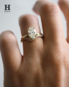 Minimalist Oval Diamond Engagement <b>Ring</b> Two Piece Set Wave Curved Pavé Band <b>Thin</b> Shank Fine <b>Ring</b> For Women - Product Image 1