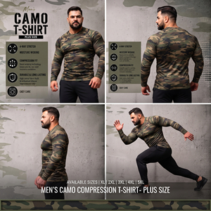 <b>Men</b> Camo Printed Long Sleeve Rash Guard Tee Plus Size Yoga Wear <b>Compression</b> <b>Shirt</b> <b>Men</b> Quick Dry Spandex Polyester Base Layer Tee - Product Image 5
