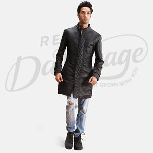 Manteau long en cuir véritable noir pour homme avec design matelassé, coupe ajustée, col montant, manteau de mode, veste en peau de mouton de qualité supérieure - Product Image 2