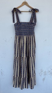 Wholesale Women <b>Navy</b> Dot Cotton Maxi Dress High Neck Puff Sleeve <b>Tie</b> Strap A-Line Resort Wear - Product Image 3